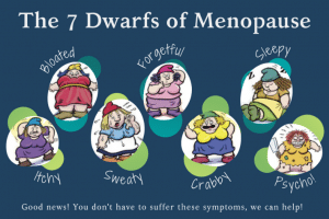 Seven Dwarfs of Menopause: Itchy, Bloated, Sweaty, Forgetful, Crabby, Sleepy, Psycho